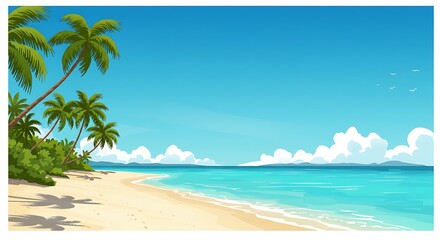 Tropical Beach with Palm Trees, Turquoise Water and Blue Sky Day