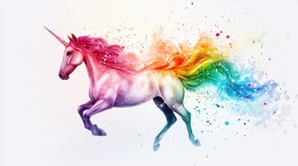 A majestic unicorn gallops energetically across a dynamic background filled with a spectrum of colors. The scene radiates a magical and dreamlike atmosphere, capturing the essence of whimsy