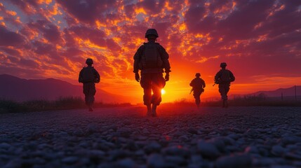 Silhouetted soldiers walking at sunset.