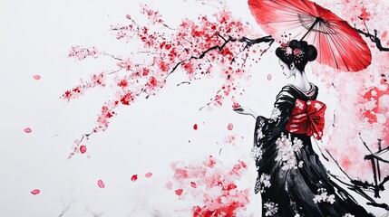 Sumi-e Painting of a Geisha Standing Beneath Cherry
