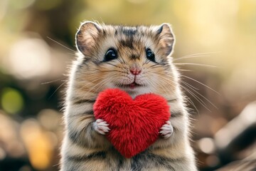 Cute hamster baby with fluffy red heart on in a natural habitat. Hamster - my cherished animal. Commercial animal idea creative design idea. Love in the forest. Loving animals. Wild lovebird.