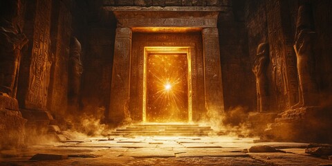 Golden portal emitting bright light inside egyptian temple with statues