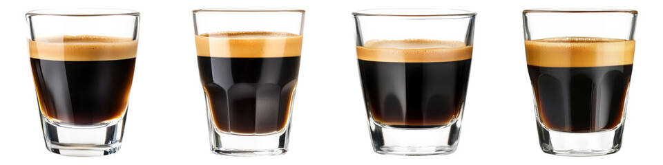 Four glasses of espresso coffee with rich crema isolated on transparency background