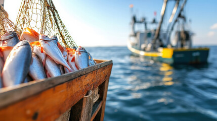 A wooden crate full of freshly caught fish onboard a fishing boat sailing the tranquil ocean waves under a bright sky.