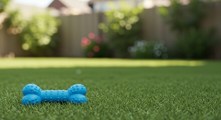 Blue dog toy lying on green grass, evoking a playful and inviting atmosphere, symbolizing pet enjoyment and care, with a blurred garden background featuring colorful flowers