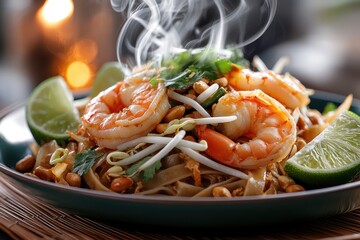 A tantalizing close-up of steaming shrimp Pad Thai with lime, peanuts, and sprouts offers a flavorful journey through the heart of Thai cuisine, a delightful gastronomic experience.