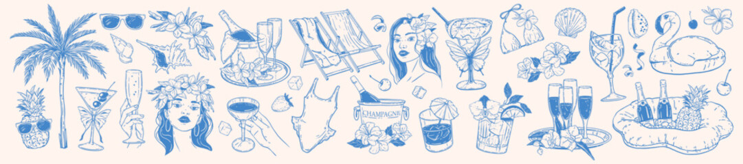 Tropical summer doodle set, vector exotic island party drink collection, paradise vacation icon kit. Hawaii woman portrait, beach cocktail glasses, exotic flower, ocean beach seashell. Tropical summer