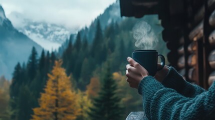 A person drinking coffee by a mountain cabin, enjoying the peaceful morning