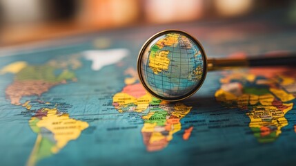 Vintage world map with magnifying glass over globe, blurred interior background, exploration concept