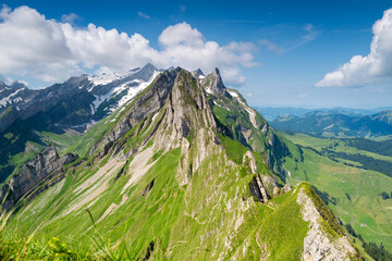 Switzerland travel - Steep mouintain ridge Altenalp Turm in the Alpstein mountain region Appenzell innerhoden. Appenzellerland canton