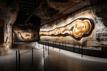 A large timeline mural on a museum wall, depicting key events in human history from the Stone Age to the modern era