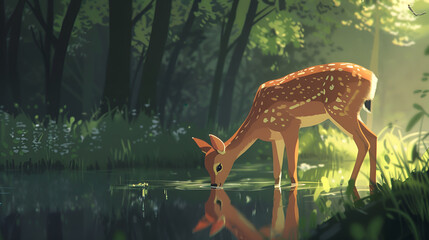 Piękna, artystyczna ilustracja młodej sarenki pijącej wodę w magicznym lesie. Spokojna, bajkowa scena symbolizująca harmonię z naturą.