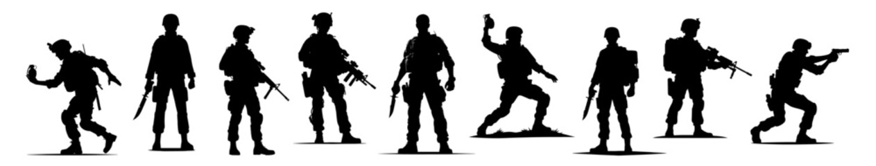 soldiers in various combat stances, black silhouette shape vector