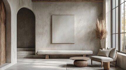 High-end minimalist entryway, neutral decor, blank canvas for artwork display