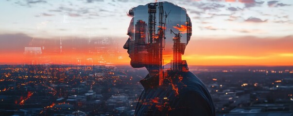 A profile of a person overlaid with city structures at sunset