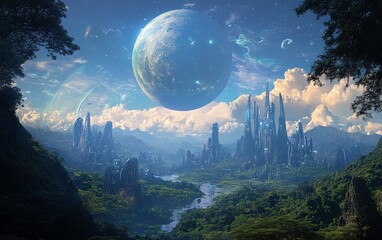 Futuristic city nestled in a lush valley, dominated by a giant, ethereal planet in the sky. A breathtaking fantasy landscape.