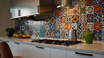 A modern kitchen backsplash incorporating colorful Talavera tiles in a sleek, contemporary style