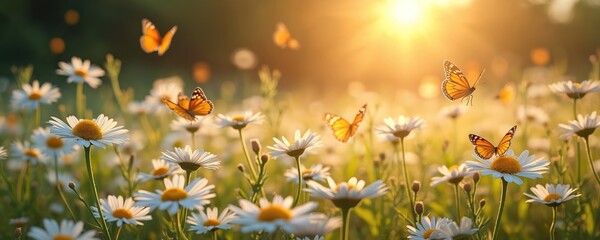Sunlit daisy field with butterflies. Chamomile flowers bloom on a summer meadow in nature. Panoramic banner of spring season, orange monarch butterflies flutter on daisies.