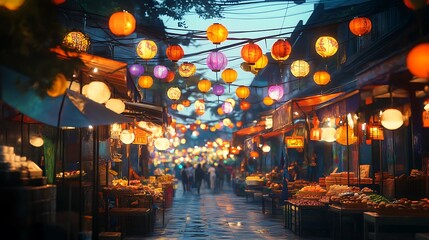 Night view of the old town street with Chinese lanterns, China