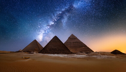 Egyptian pyramids illuminated under starry night sky. Milky Way above ancient monuments.