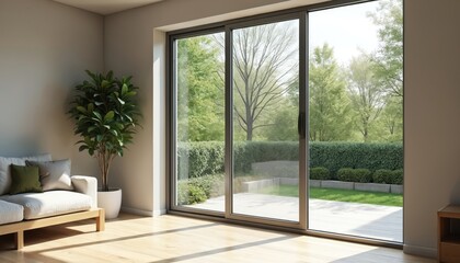 Modern living room with large sliding glass doors, aluminium frame. View of garden, natural light. Interior design sofa, plant, wooden floor. Home, apartment, residential building, nature concept.