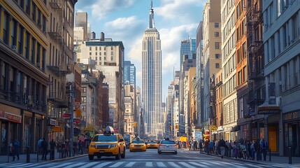 Bustling urban scene taxis pedestrians city street high resolution picture