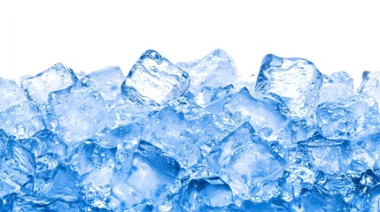 Close Up View of Clear Blue Ice Cubes Piled Together Against a White Background