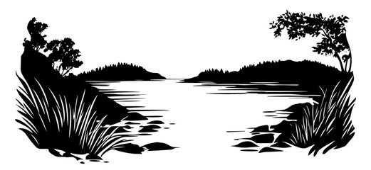 lake landscape silhouette with trees and grass