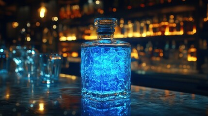 Illuminated Blue Liquor Bottle on Bar