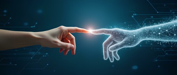 Connection Between People And Artificial Intelligence Technology, futuristic AI digital innovation of machine meets humanity, friendship and partnership connection between human and computer robotic