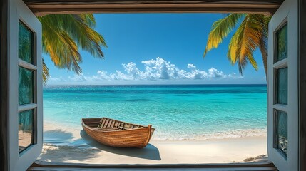 Wooden boat resting on sandy beach seen through open window with palm trees