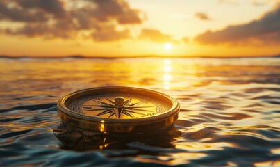 Golden compass floating on water during sunset with vibrant sky and reflections