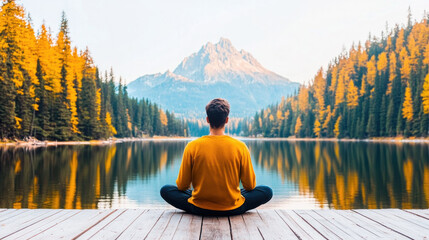 Tranquil reflection of a meditating man in nature amidst vibrant autumn foliage by serene mountain lake