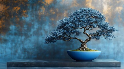 A blue bonsai tree is sitting in a blue bowl on a black pedestal