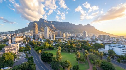 Panoramic city view at sunset, majestic mountain backdrop