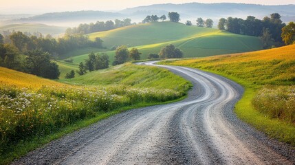 Serene country road winding through lush hills at dawn