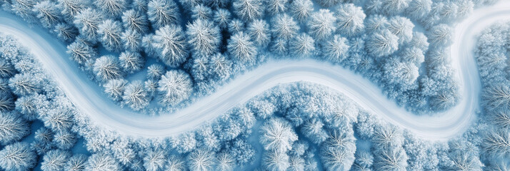 Aerial view of a winding road in a winter forest with snow-covered trees