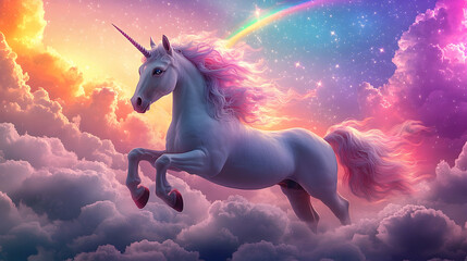Whimsical unicorn fantasy scene with a gentle pastel gradient sky, sparkling stars and a vibrant rainbow shining over fluffy clouds