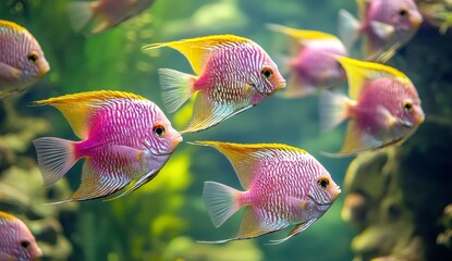 Pink and Yellow Angelfish School Underwater