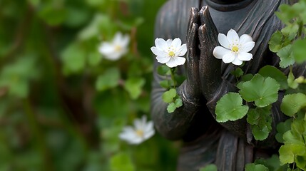 Praying Buddha statue with white flowers.