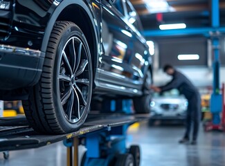 The mechanic is changing the tires of an SUV on a lifting platform in a modern auto repair shop, with a focus on the wheel and a profile view of the vehicle. The background is blurred, 