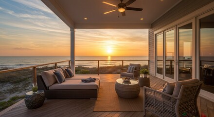 Relaxing on Deck Overlooking the Ocean at Sunset with Patio Furniture
