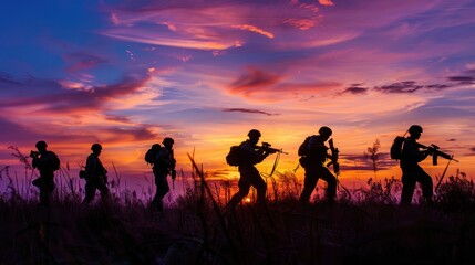 Soldiers in action silhouette during dawn military operation