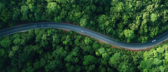 Aerial view of winding road through lush green forest with cars. Serene nature driving scene featuring curved road and dense trees.