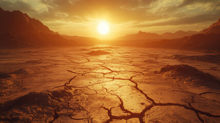 A cracked desert floor under a blazing sun, sunset in the desert, sunset over the desert, cracked earth in the desert, earth in the desert