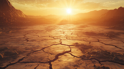 A cracked desert floor under a blazing sun, sunset in the desert, sunset over the desert, cracked earth in the desert, earth in the desert