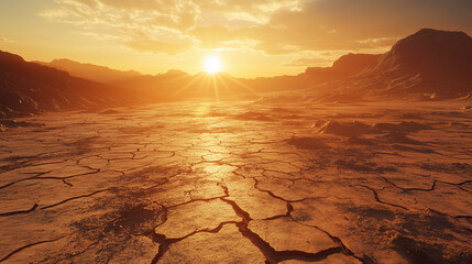 A cracked desert floor under a blazing sun, sunset in the desert, sunset over the desert, cracked earth in the desert, earth in the desert