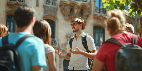 Male tourist guide showing European city to the group of tourists