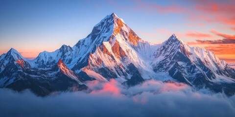 A breathtaking 3D rendering of snow-capped mountain peaks at sunrise