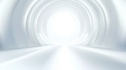 Futuristic white tunnel leading toward a radiant light, evoking a sense of hope and optimism. Clean, modern design creates an inviting atmosphere for a journey into the future